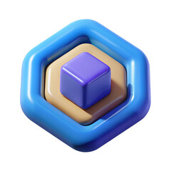 Aufkleber - Abstract geometric 3d render of layered shapes with a purple cube on a tan hexagon and blue outer hexagon isolated on white background