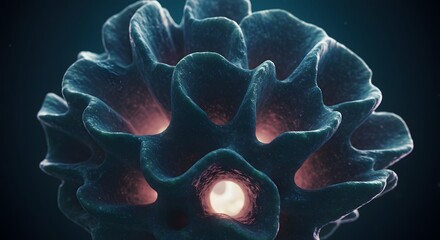 Leinwandbilder - Abstract digital rendering of a complex, layered structure with blue textured surfaces and glowing orange light emanating from within.