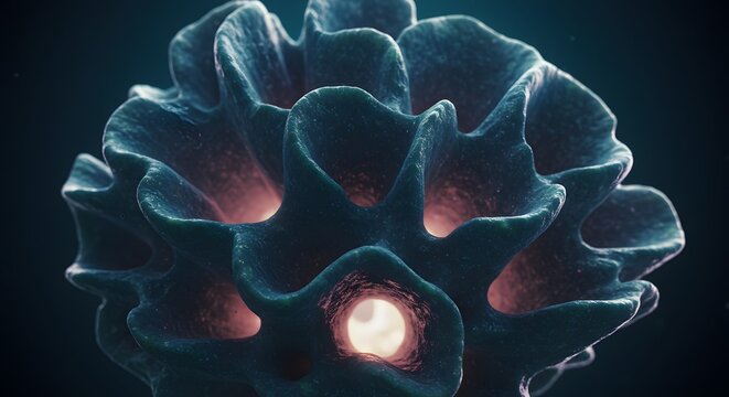 Abstract digital rendering of a complex, layered structure with blue textured surfaces and glowing orange light emanating from within.