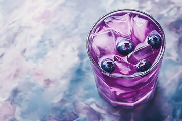 Poster - Blueberry lemonade in a crystal glass, rich violet tones swirling inside, sitting on a pale slate background 