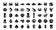 © mod - Black and white vector illustration featuring a collection of seafood icons including crabs, fish, shrimp, squid, oysters, scallops, mussels, and lobster.
