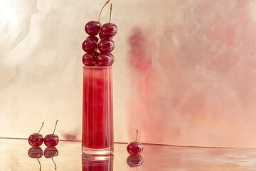 Poster - Cherry lemonade in a tall glass shaped like stacked cherries, suspended above a reflective rose-gold floor