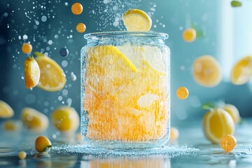 Poster - Citrus-coded lemonade inside a translucent data flask, surrounded by floating code particles and citrus icons