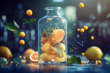 Poster - Citrus-coded lemonade inside a translucent data flask, surrounded by floating code particles and citrus icons