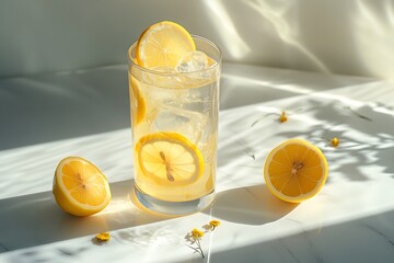 Poster - Classic yellow lemonade in a tall clear glass with lemon slices and ice, placed on a white marble countertop under natural light 