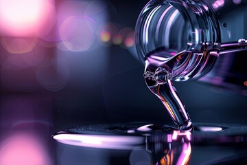 Poster - Liquid pours elegantly, creating bubbles against a dark background. Out-of-focus bokeh lights enhance the mysterious and dramatic mood of the scene.