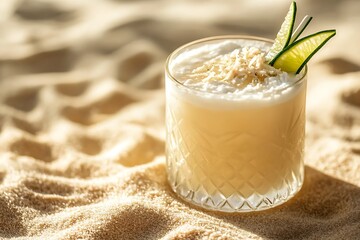 Poster - Coconut lemonade in a wide lowball glass with creamy tint and lime garnish, resting on a sandy textured surface 