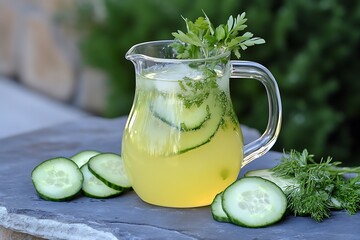 Poster - Cucumber lemonade in a clear jug-style glass, placed on a stone surface with sliced cucumbers and herbs beside it 