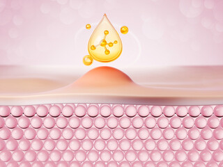 Wall Mural - cosmetic serum oil drop on skin cell, acne skin repair, moisturizer, collagen serum, 3d rendering.