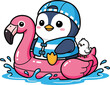 © ParvinPro - A cute penguin and chick enjoy a summer swim on a flamingo float