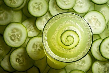 Poster - Cucumber lemonade in a swirling spiral glass, resting on a surface made of interlocking cucumber rings 