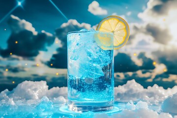 Poster - Electric blue lemonade served in a levitating anti-gravity glass, pulsing softly under a digital sky