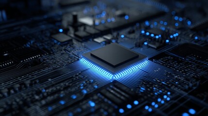 Fototapete - Detailed view of glowing blue microprocessor and electronics on a modern circuit board representing future technology.