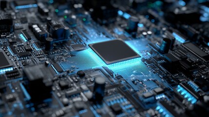 Fototapete - Futuristic close-up of a complex glowing circuit board with a black chip, advanced technology representation.