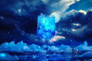 Poster - Electric blue lemonade served in a levitating anti-gravity glass, pulsing softly under a digital sky