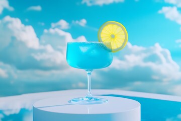 Poster - Electric blue lemonade served in a levitating anti-gravity glass, pulsing softly under a digital sky