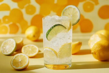 Poster - Fizzy citrus lemonade in a soda glass with lemon-lime slices, fizzy bubbles captured mid-rise, set against a citrus pattern background