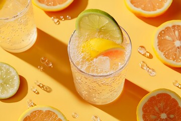 Poster - Fizzy citrus lemonade in a soda glass with lemon-lime slices, fizzy bubbles captured mid-rise, set against a citrus pattern background