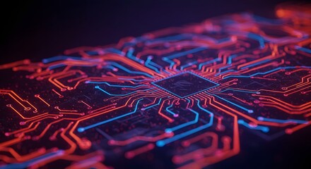 Leinwandbilder - Macro shot of a computer chip with intricate red and blue circuitry patterns emanating from a central square processor.