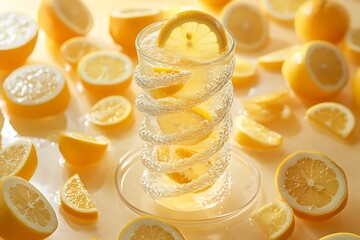 Poster - Fizzy citrus lemonade in a spiraling helix-shaped glass, rising through a tunnel of floating citrus slices