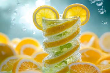 Poster - Fizzy citrus lemonade in a spiraling helix-shaped glass, rising through a tunnel of floating citrus slices