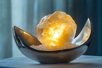 Poster - Frozen starlight lemonade, glowing softly within a crystalline pod, resting in a sleek, curved silver holder -