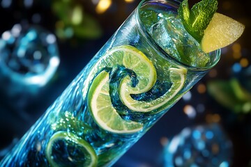 Poster - Futuristic mojito lemonade in a tubular glass with holographic mint patterns swirling inside
