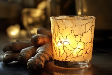 Poster - Ginger lemonade in a crackled golden glass, glowing like molten light, with abstract ginger root shadows in the background