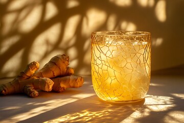 Poster - Ginger lemonade in a crackled golden glass, glowing like molten light, with abstract ginger root shadows in the background
