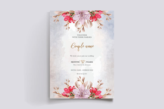 WEDDING INVITATION FRAME WITH FLOWER DECORATIONS AND FRESH LEAVES