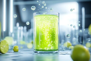 Poster - Glowing lime-green lemonade with molecular bubbles rising inside a synthetic beaker, set in a futuristic lab