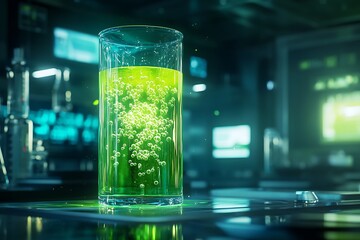 Poster - Glowing lime-green lemonade with molecular bubbles rising inside a synthetic beaker, set in a futuristic lab