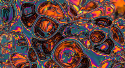 Poster - Abstract Viscous Landscape: A mesmerizing close-up of an abstract, viscous landscape with organic, cell-like structures, and a complex interplay of vibrant, iridescent colors and textures.