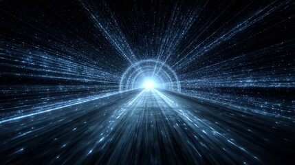 Poster - Tunnel of digital blue light trails converging into a bright glowing central point, generating a feeling of motion.
