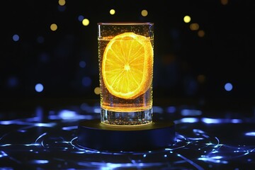 Poster - Hologram lemonade projected above a matte black pedestal, rotating slowly with digital interface elements surrounding it