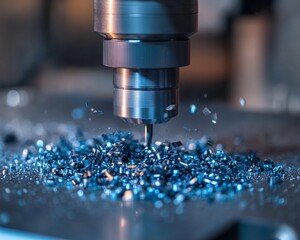Poster - Precision Machining Operation in a Modern CNC Milling Machine, Cutting Metal and Producing Shavings