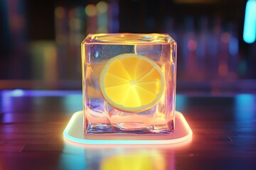 Poster - Holographic lemonade floating in midair inside a transparent glass cube, projected by a glowing coaster on a neon table