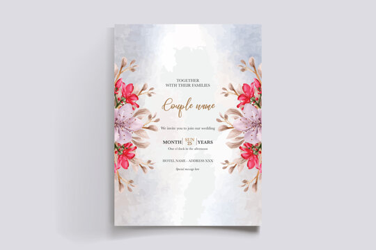 WEDDING INVITATION FRAME WITH FLOWER DECORATIONS AND FRESH LEAVES