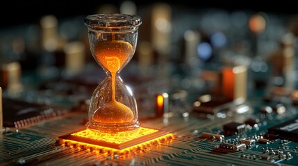 Fototapete - Time is ticking on technology with a flowing hourglass sitting on an illuminated computer chip suggesting urgency.