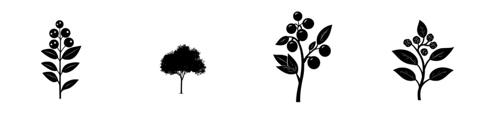 Poster - Black icon set featuring various plant and tree designs suitable for nature-themed projects and illustrations
