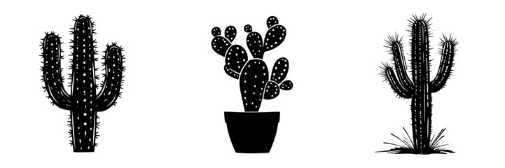 Poster - Unique black icons of various cacti representing desert flora in a minimalist style for artistic purposes