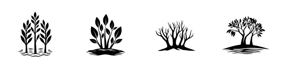 Poster - Stylized black icons representing different types of trees and foliage in a minimalistic design