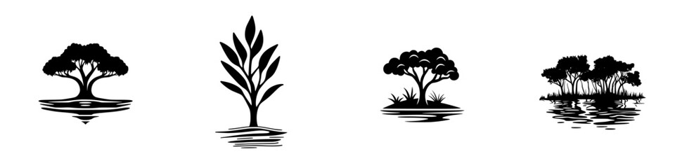 Poster - Nature-inspired black icons representing trees and aquatic plants in various styles and compositions suitable for digital design projects