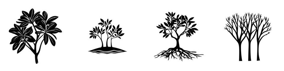 Poster - Different black tree icons showcasing various types of foliage and structure in a minimalist design