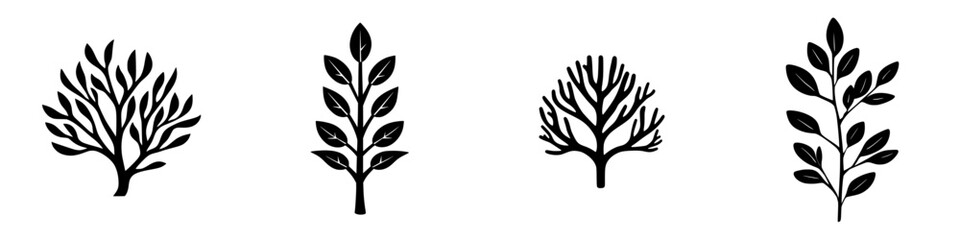 Poster - Collection of four black icons representing different tree designs illustrating various leaf patterns and shapes