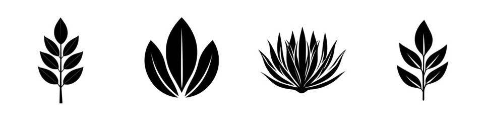 Poster - Black icon set featuring various leaf and plant designs for nature-themed projects and digital applications