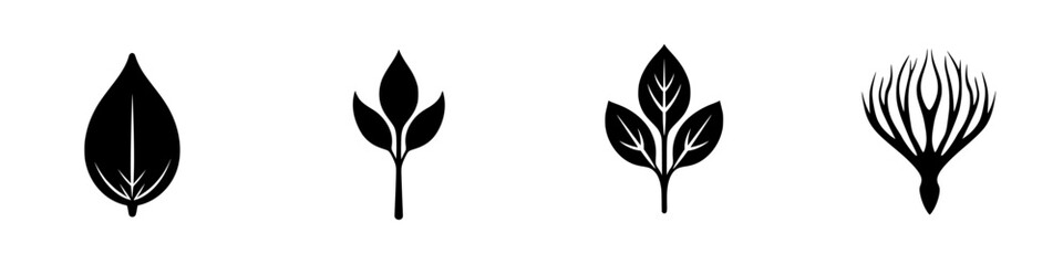 Poster - Iconic black plant symbols representing nature, growth, and transformation in a minimalist design