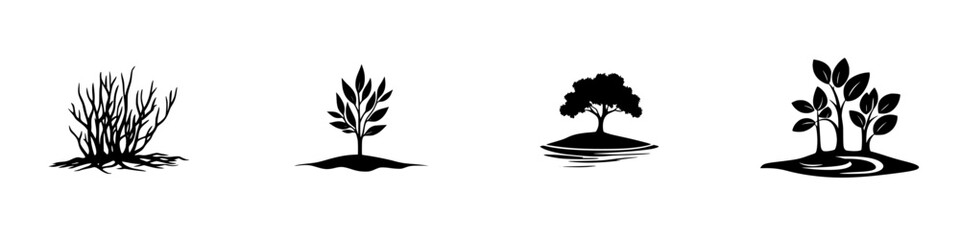 Poster - Various black silhouette icons of plants and trees representing nature and growth in a simple design