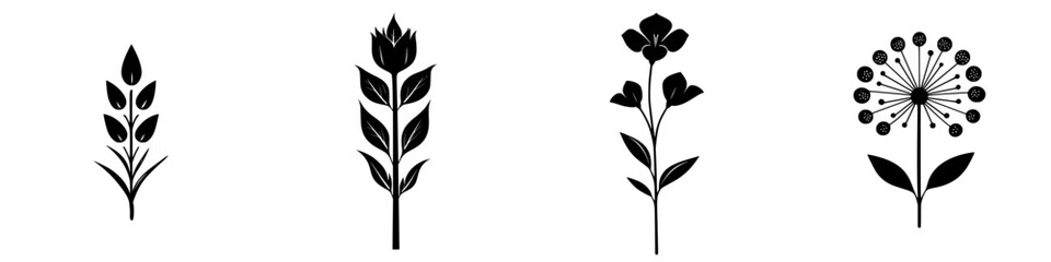 Poster - Black floral icons showcasing various plant designs in minimalist style for graphic applications