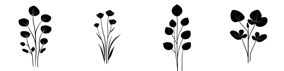 Poster - Black floral icons featuring various plant silhouettes with delicate designs for creative projects